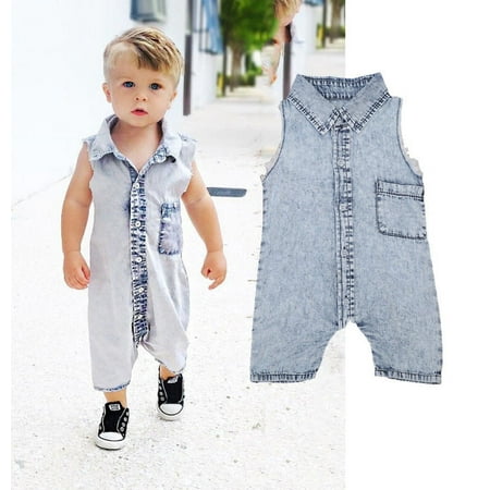 Qtinghua Infant Toddler Baby Boys Denim Romper Jumpsuit Sleeveless Overalls Outfits Summer Blue 18-24 Months