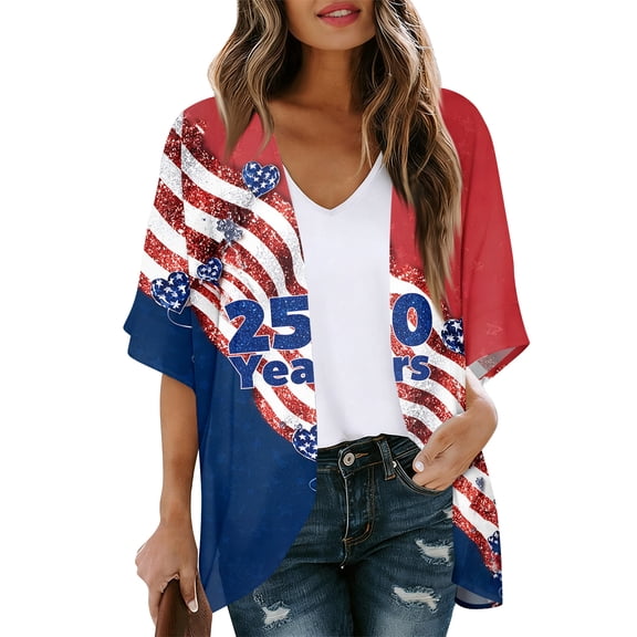JULMCOMO 4th of July Lightweight Cardigans for Women Red White Blue Half Sleeve Patriotic Kimono Cover Ups Summer Tops Wine S