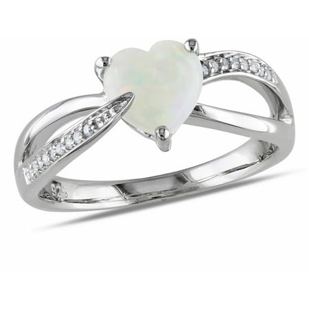 Miabella 7/8 Carat T.G.W. Opal and Diamond-Accent Sterling Silver Heart Ring