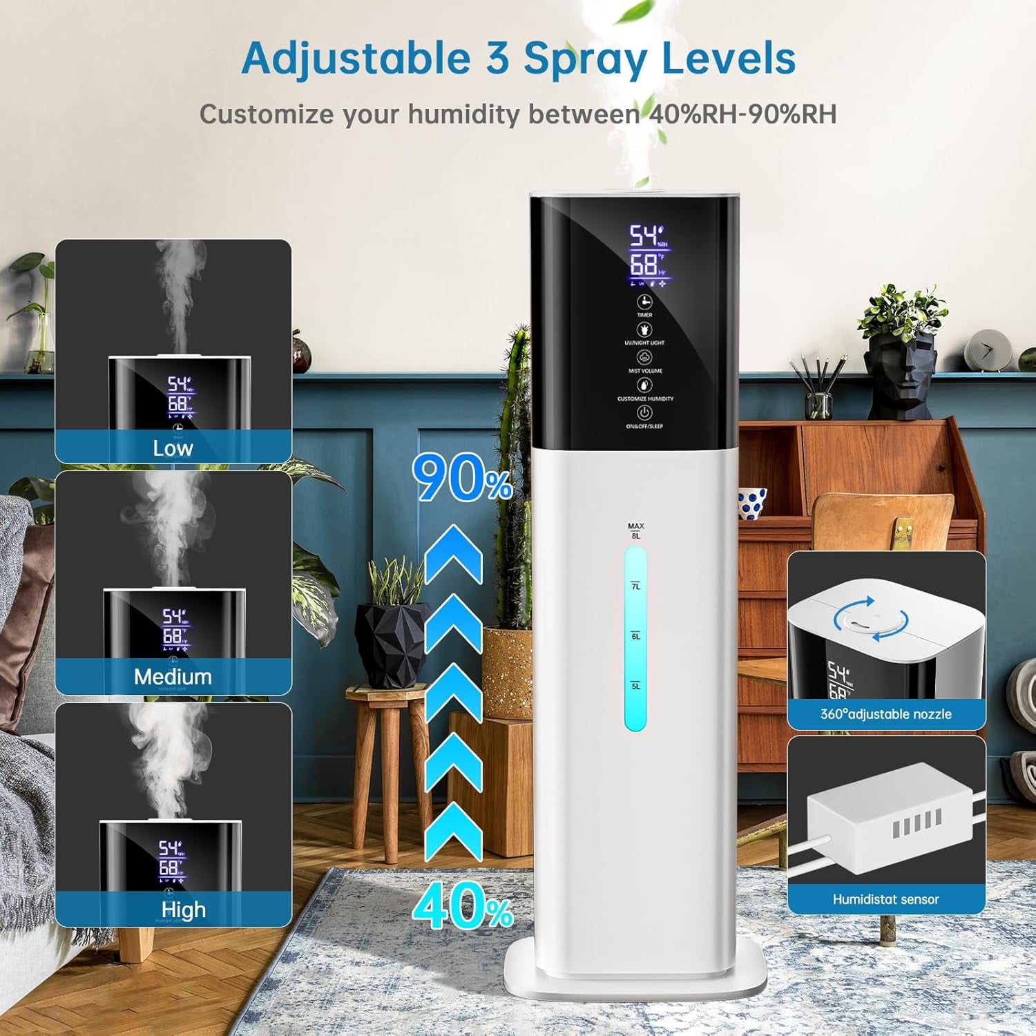 Humidifiers Large Room Bedroom with 7 Colors Light, 8L 2.1Gal Quiet Ultrasonic Cool Mist Topfill Humidifier with 3 Speed Humidistat Essential Oil Tray for Baby Home Plant Yoga Sleep