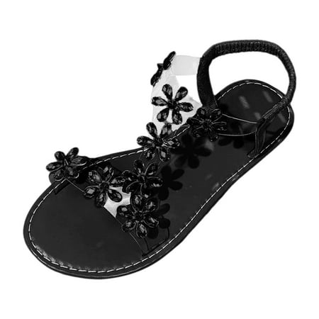 

HNMKIU Dark Heeled Sandals for Women Summer Elastic Band Rhinestone Casual Open Toe Flat Soft Bottom Breathable Shoes Sandals Black 38