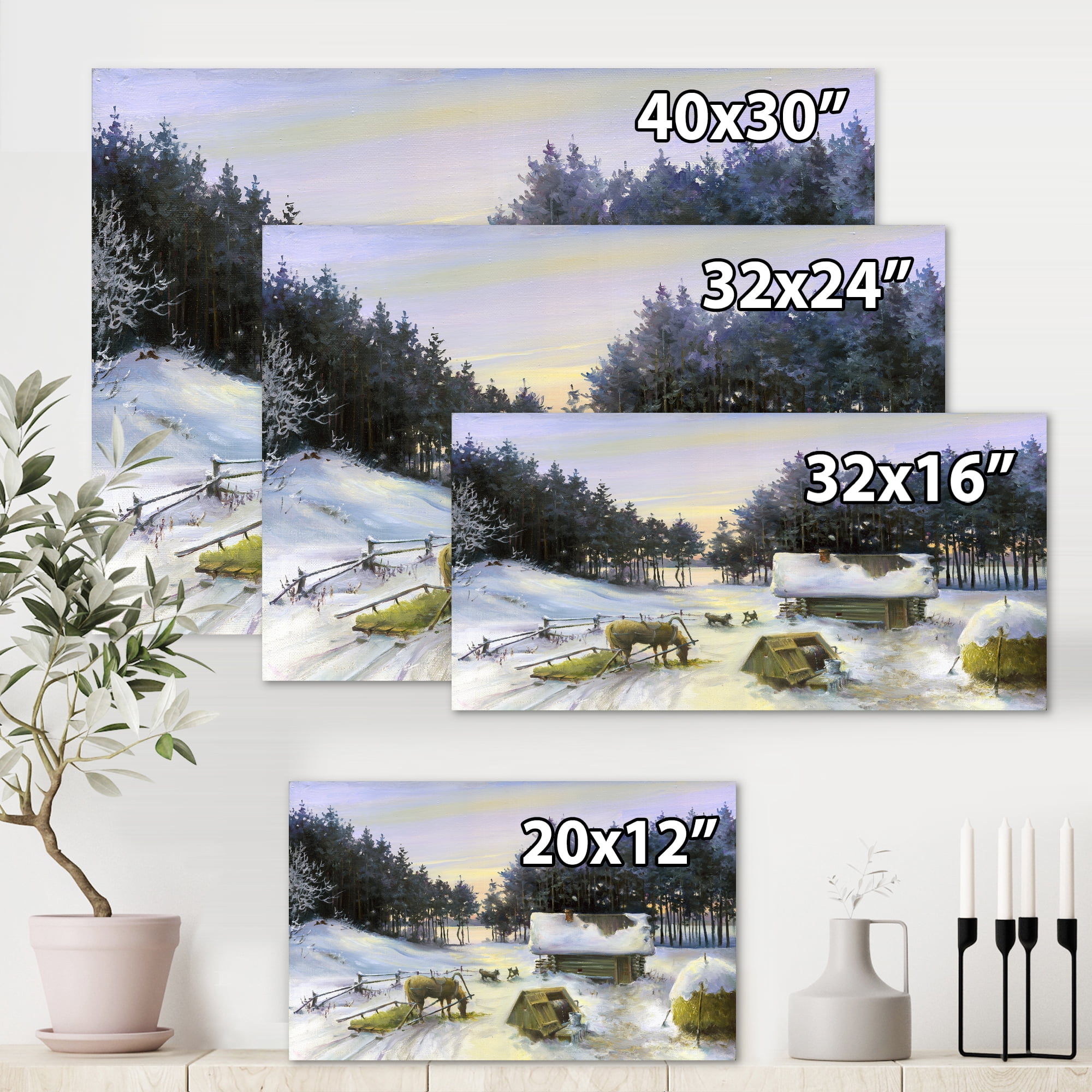 Designart ' Cottage Covered In Snow With Winterscene ' Country Canvas Wall Art Print