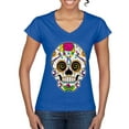 thumbnail image 1 of Wild Bobby Day Of The Dead Sugar Skull Pop Culture Women Standard V-Neck Tee, Royal, Medium, 1 of 5