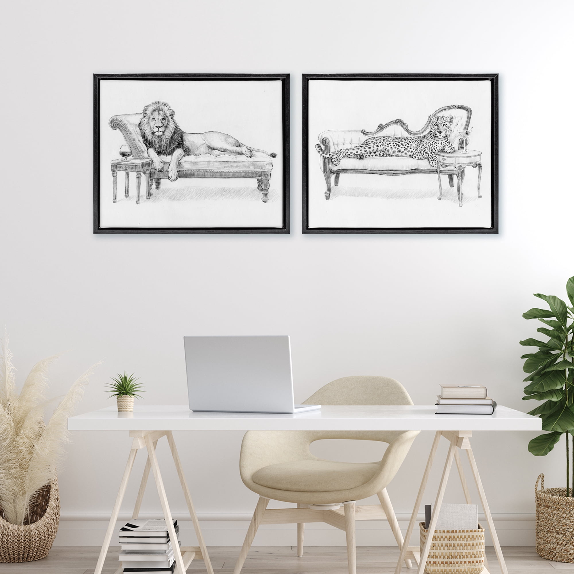 Stupell Industries Lounging Beasts Wildlife 2 Piece Black Framed Floater Canvas Set, design by Victoria Barnes