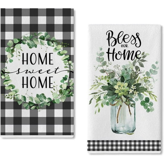 Summer Eucalyptus Greenery Kitchen Dish Towel Set of 2, Buffalo Plaid Check Absorbent Hand Drying Baking Cooking Cloth, Spring Seasonal Farmhouse Decor Bless Our Sweet Home Decorations 18 x 26