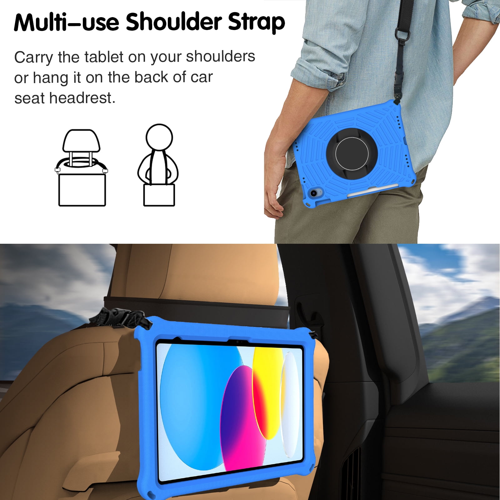 Dteck Rugged Case for Apple iPad (10th generetaion) 10.9-inch 2022, Shockproof Drop Protection Cover with 360 Rotatable Kickstand Shoulder Strap Pencil Holder for 10.9" iPad 10th Gen Case 2022,Blue