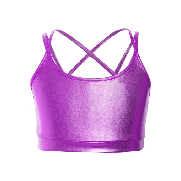 inhzoy Kids Girls Metallic Cross Back Dance Crop Top Spaghetti Strap Cami Gymnastics Skating Athletic Sports Bra Purple 10