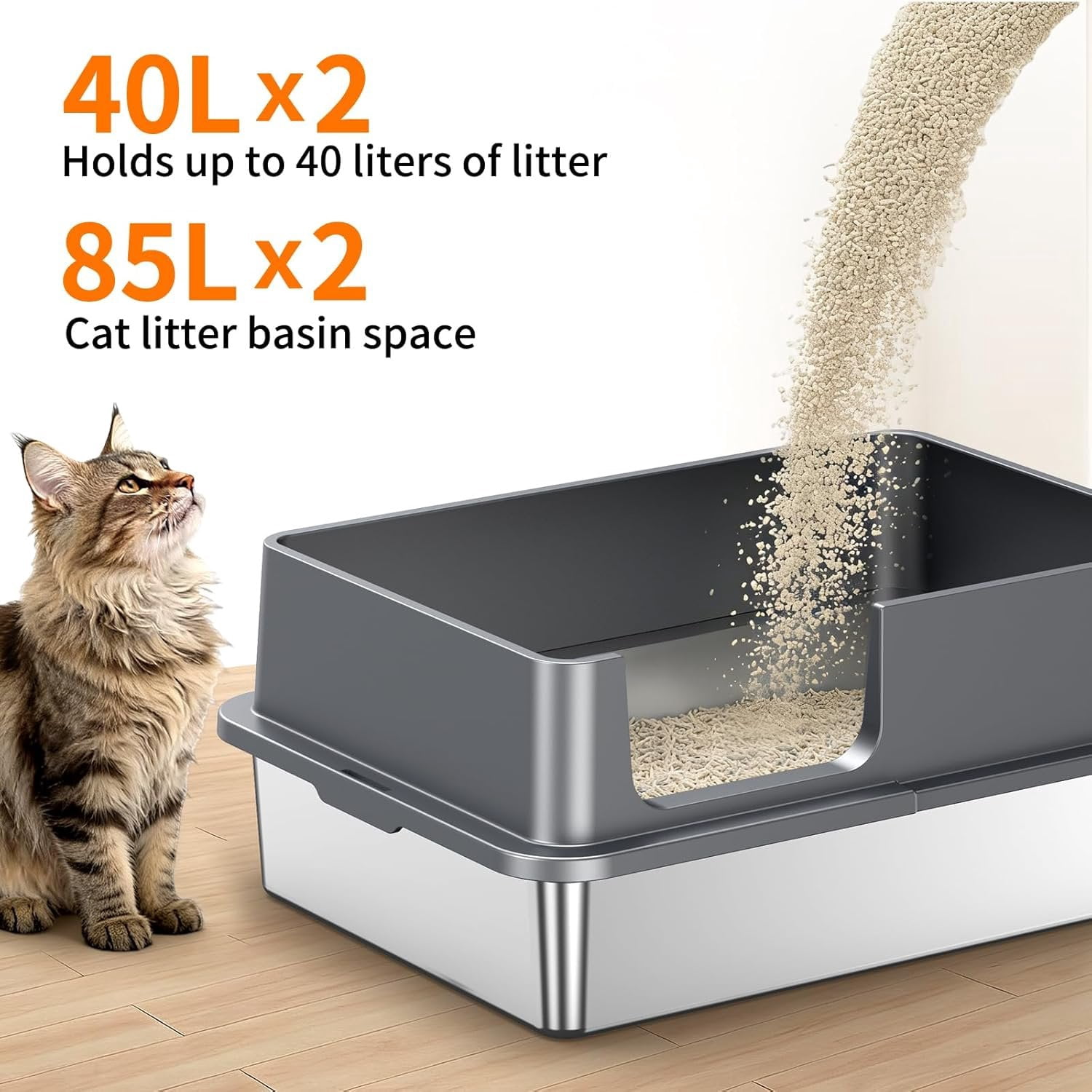 2PACK XXXL Stainless Steel  Litter Box with High Sides Lid, Large Litter Box for Big&Multiple Cats, Metal Kitty Litter Boxes with Footboard & Scoop, Anti-Leakage, Non-Sticky, 28.3x20.2x11.5inch