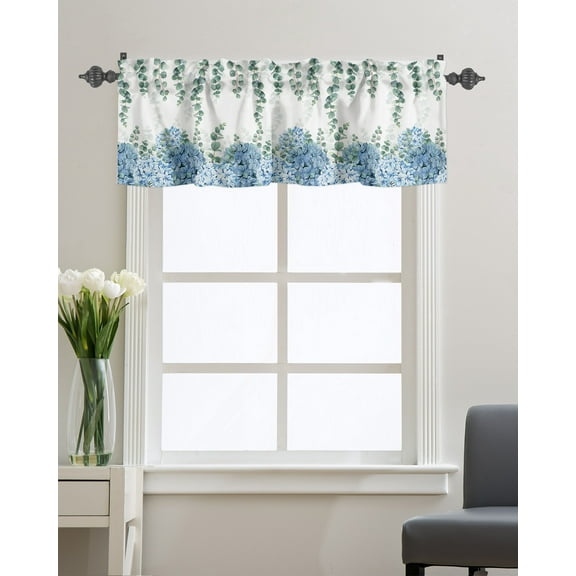 Kitchen Cafe Valance Curtain for Small Windows,Watercolor Blue Hydrangea Flower Rod Pocket Valances Spring Eucalyptus Leaves on White Window Treatment Panel for Living Room/Bedroom/Bathroom,54x18in