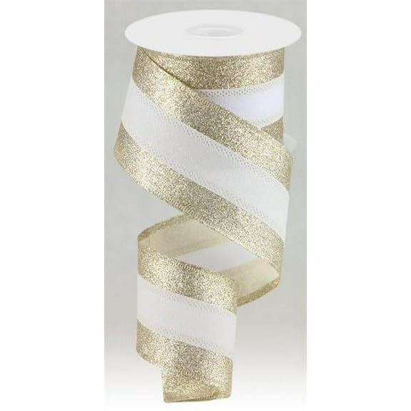 Shimmer Glitter Wired Ribbon - 3 Stripe Champagne & White - 2.5 Inches x 10 Yards (30 Feet)