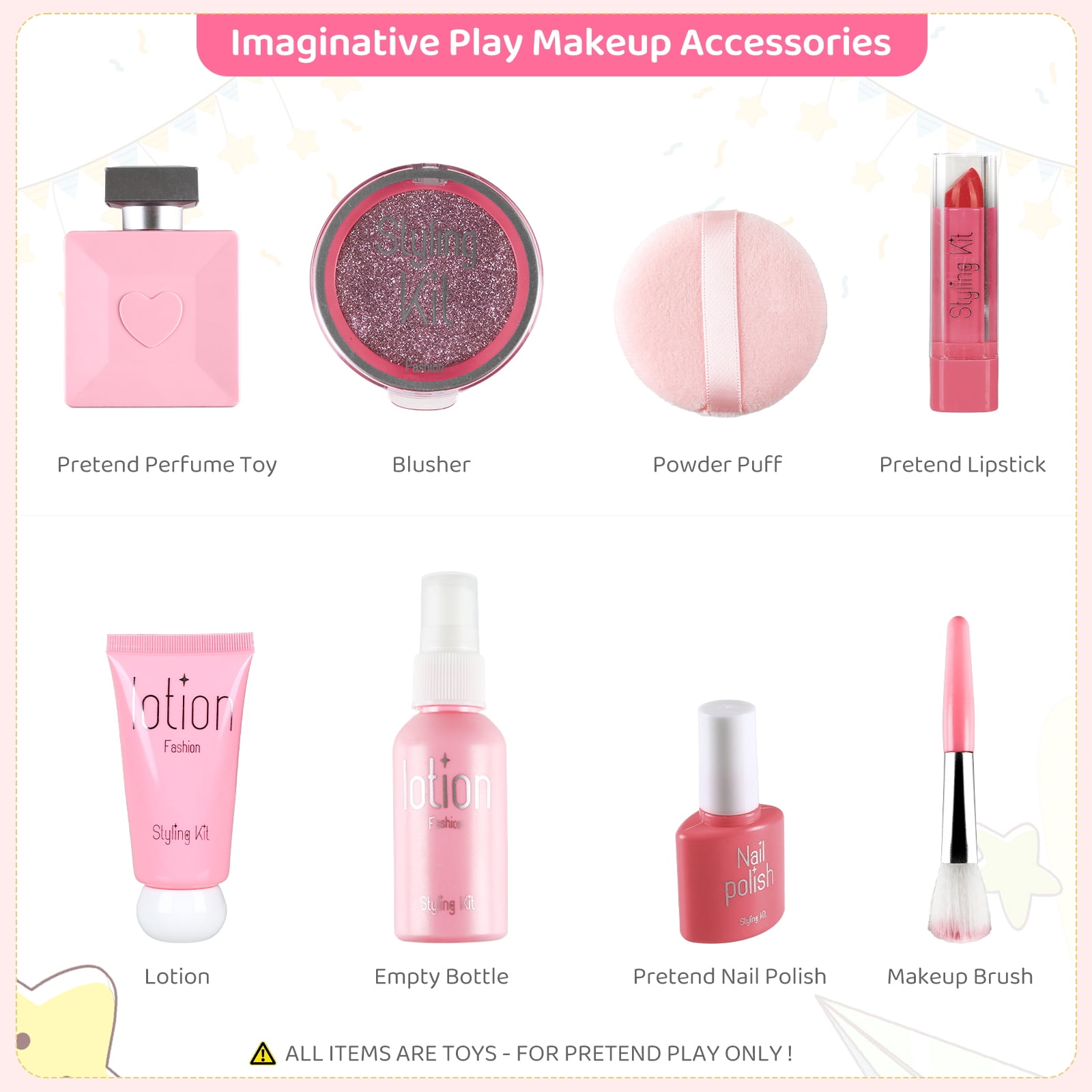 Pirecart Kids Vanity Makeup Table & Chair Set Make Up Stool Play Set for Children, Toddler Makeup Toy with 8 Pcs Accessories for Pretend Play, Pink
