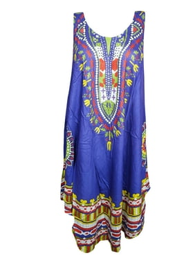 Mogul Women Blue African Print Dashiki Loose Tank Dress Round Neck Sleeveless Flared Hippy Chic Sundress S