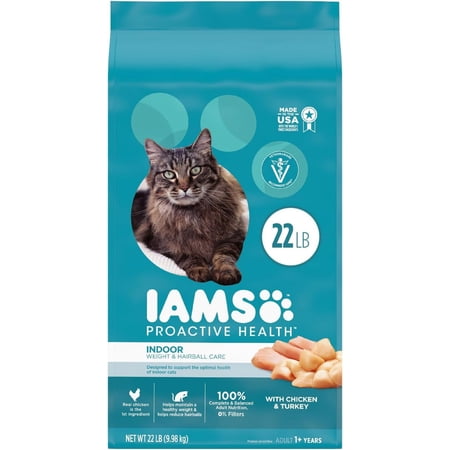 IAMS Proactive Health Indoor Weight Control & Hairball Care Adult Dry Cat Food with Chicken & Turkey, 22 lb. Bag