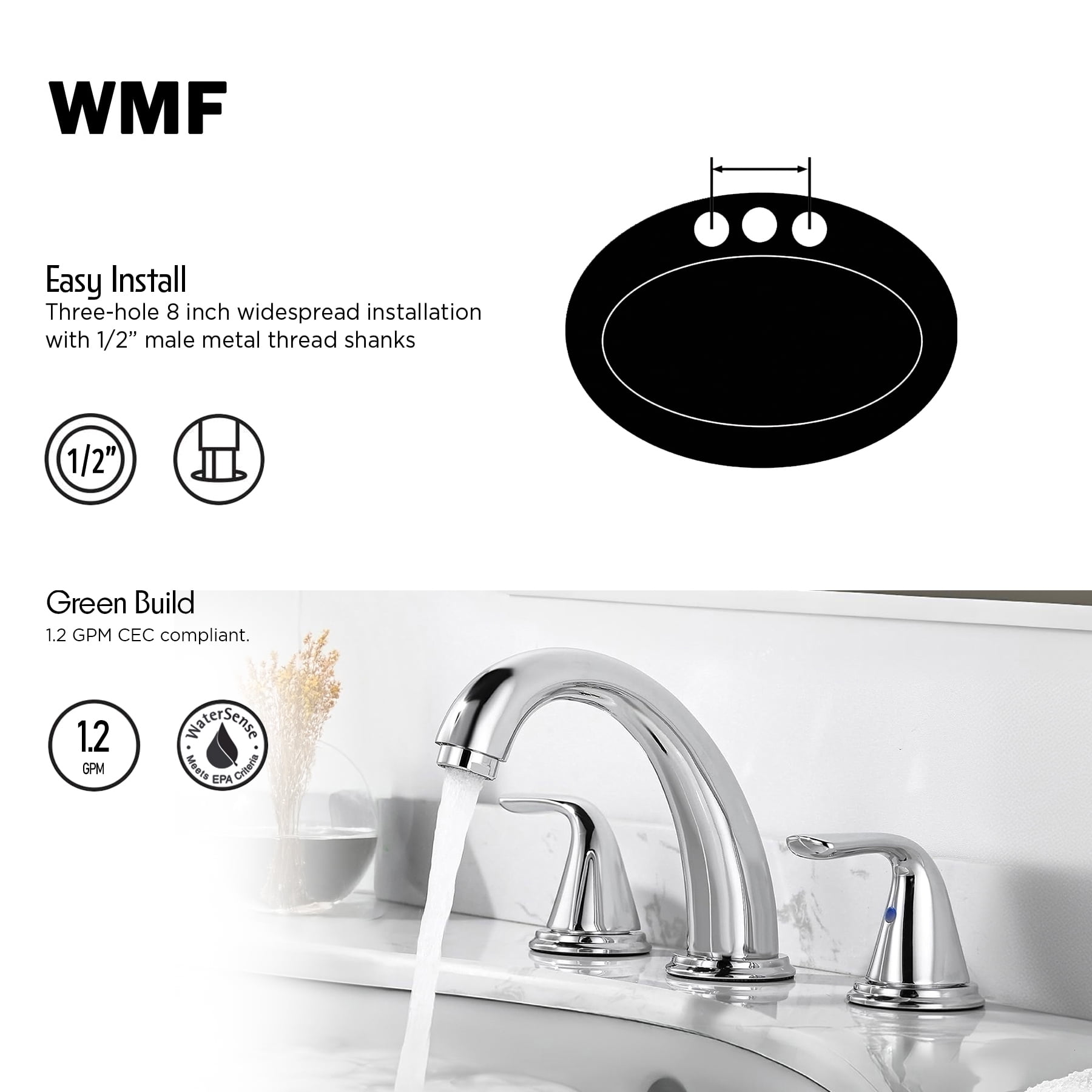 WMF Stainless Steel Chrome 8 Inch Bathroom Sink Faucet