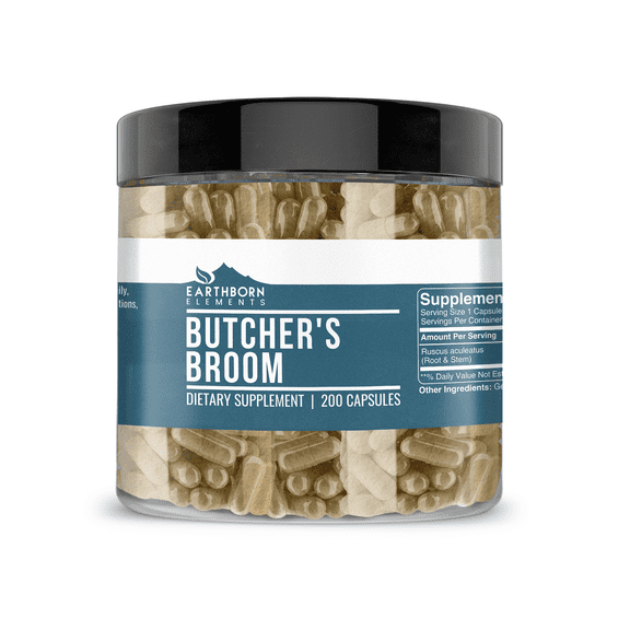 Earthborn Elements Butcher's Broom 200 Capsules, Pure & Undiluted, No Additives
