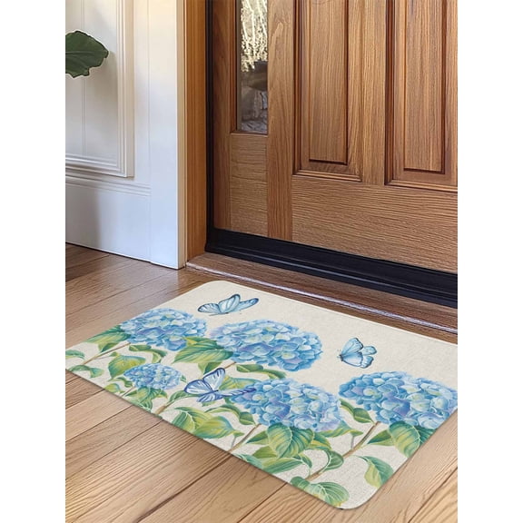 Blue Floral Door Mat Indoor Outdoor Entrance, Non Slip Rug for Kitchen Bathroom Entryway Rug, Summer Botanical Hydrangeas Butterfly Washable Doormat Floor Mat for Office Home Decor 24x36 Inch