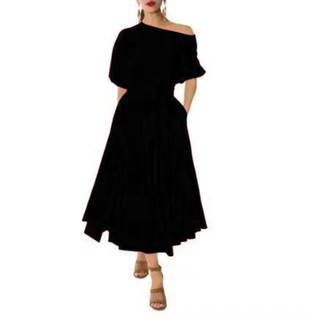 Vestido Con Cinturón, Una Línea De Color Puro Mujer Un Vestido De Hombro Manga Corta Para Mujeres Para Fiestas
