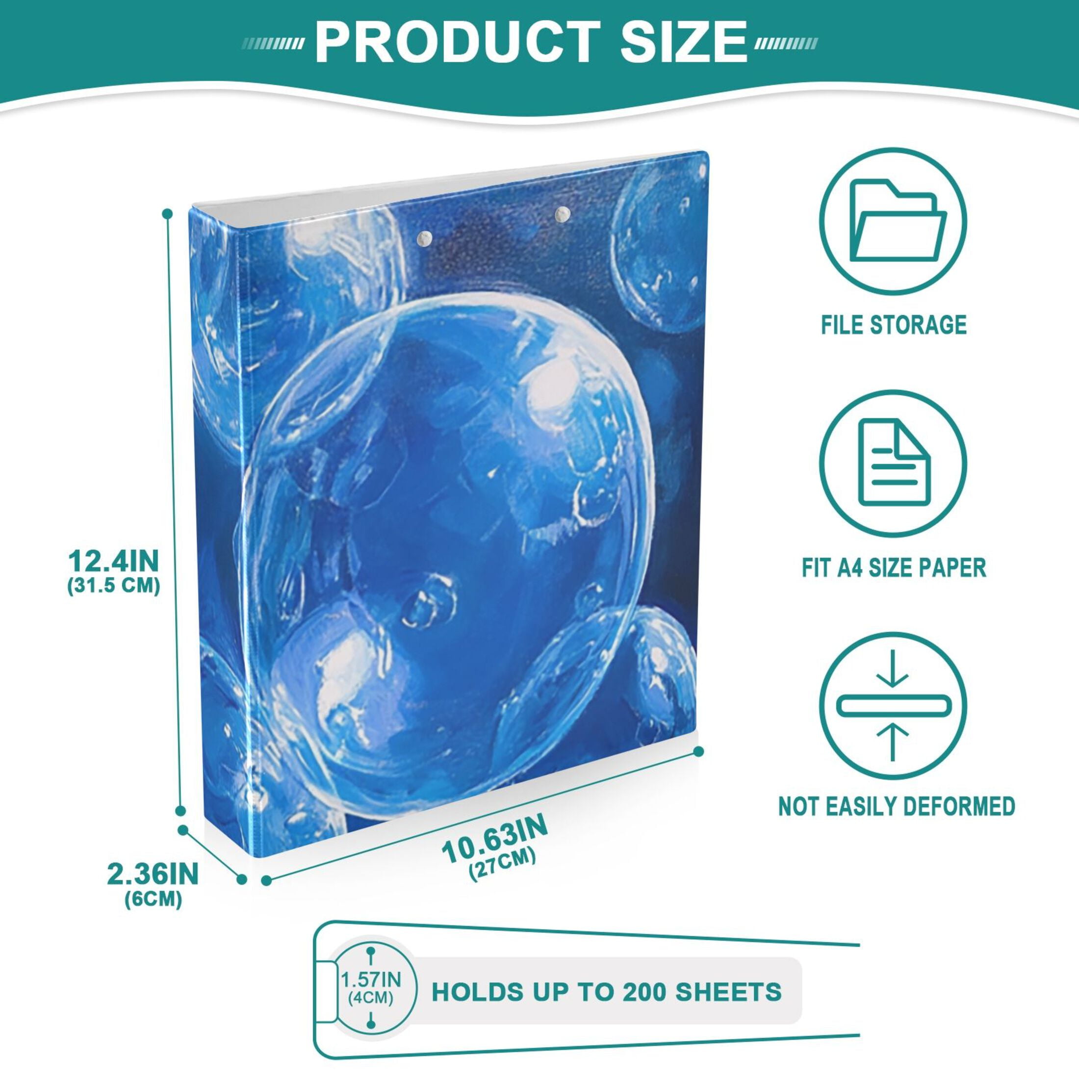 Blue Bubbles 3 Ring Binders 1.5 inch Hardcover File Folders with Interior Pockets A4 Size Organizer for School Office Hospital