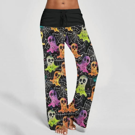 WXLWZYWL Halloween Pajama Pants for Women Cute Pumpkin Print Lounge Pants Comfy Drawstring Wide Leg Palazzo Pants with Pocket