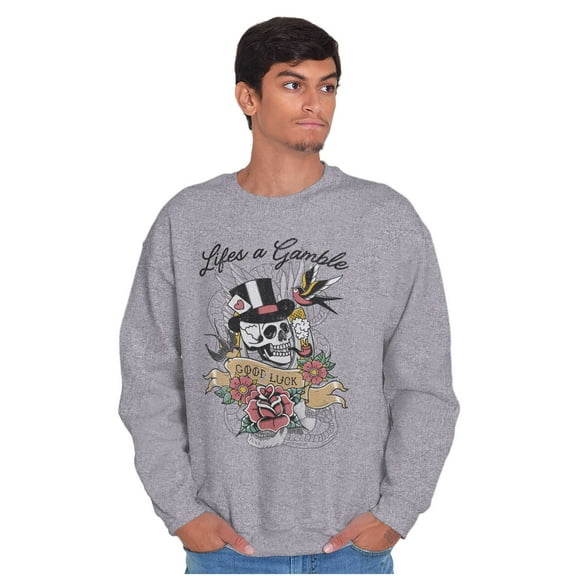 Life's A Gamble Skull Rose Tattoo Unisex Plus Fleece Graphic Sweatshirt Brisco Brands 2X