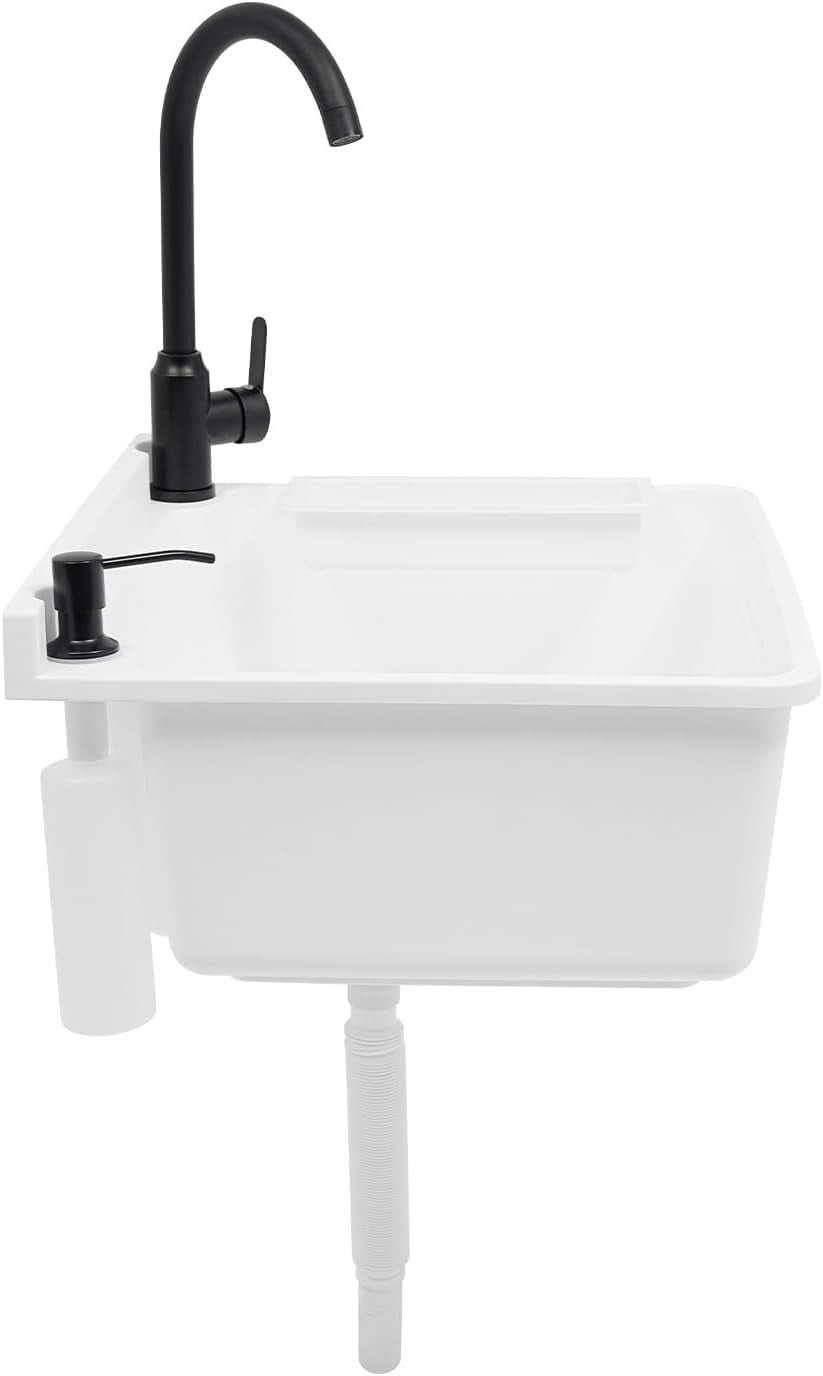 Wall-Mounted Utility Sink Tub Kit with Aluminum Alloy Faucet and Soap Box,Black Anti-clogging Laundry Sink for Bathrooms, Sundry Rooms, Garages(White)
