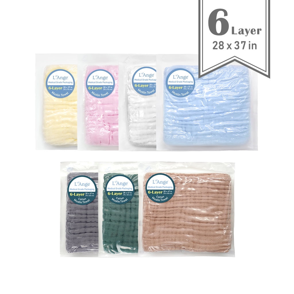 L'Ange Baby Towel - 100% Cotton Muslin, 6 Layers, Quick Dry, Medical Grade Packaging for Infants and Newborns - 28 x 37in - Dove Gray