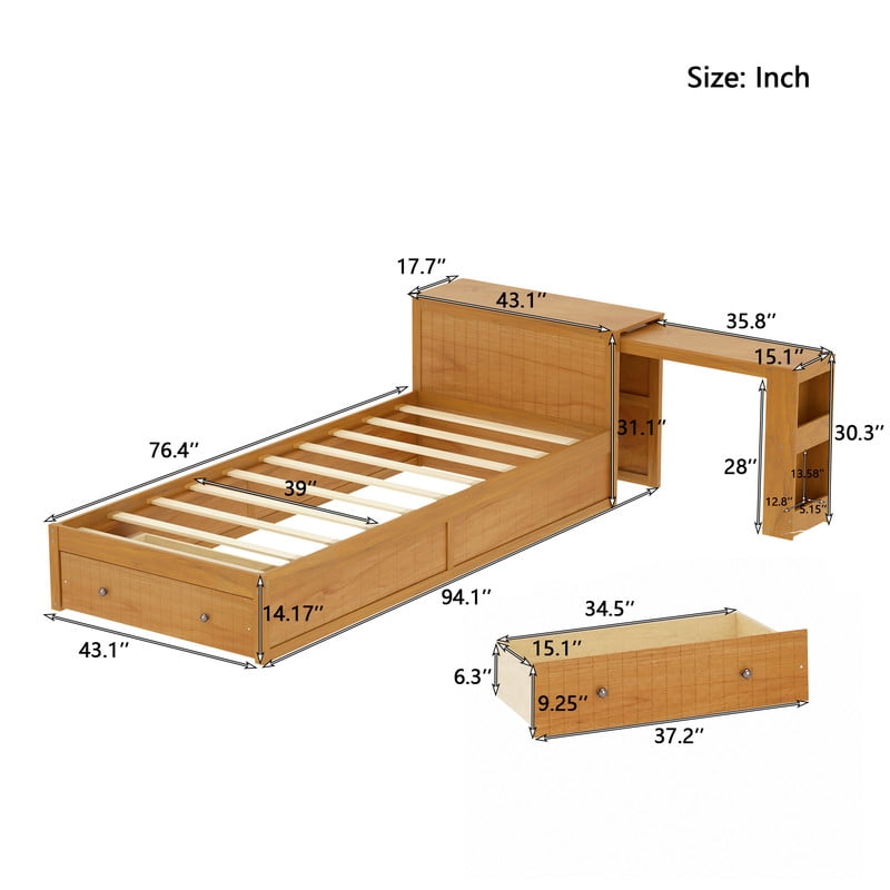 Twin Size Platform Bed with Pull-Out Hidden Desk, Wood Storage Bed Frame with Headboard Shelving & Footboard Drawer