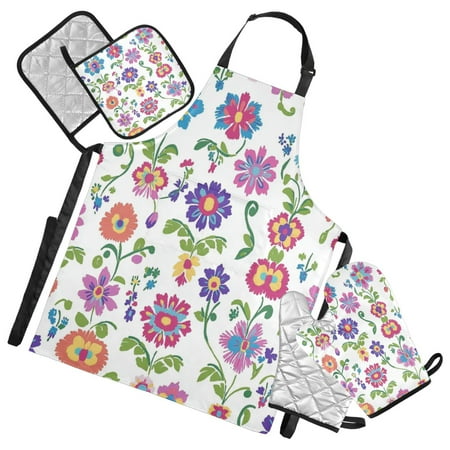 

5-Piece Kitchen Apron Set with Heat-Resistant Gloves & Insulation Mats for Cooking Baking BBQ Embroidered Flowers