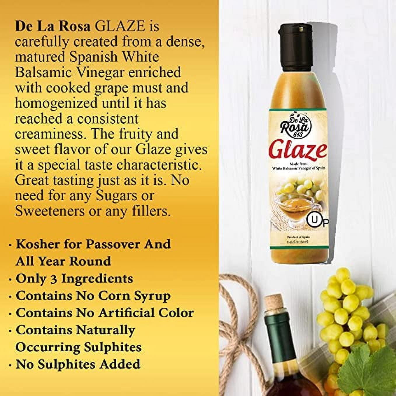 De La Rosa 613 White Balsamic Glaze Kosher Passover,(8.45oz,Pack of 2)Premium Liquid
