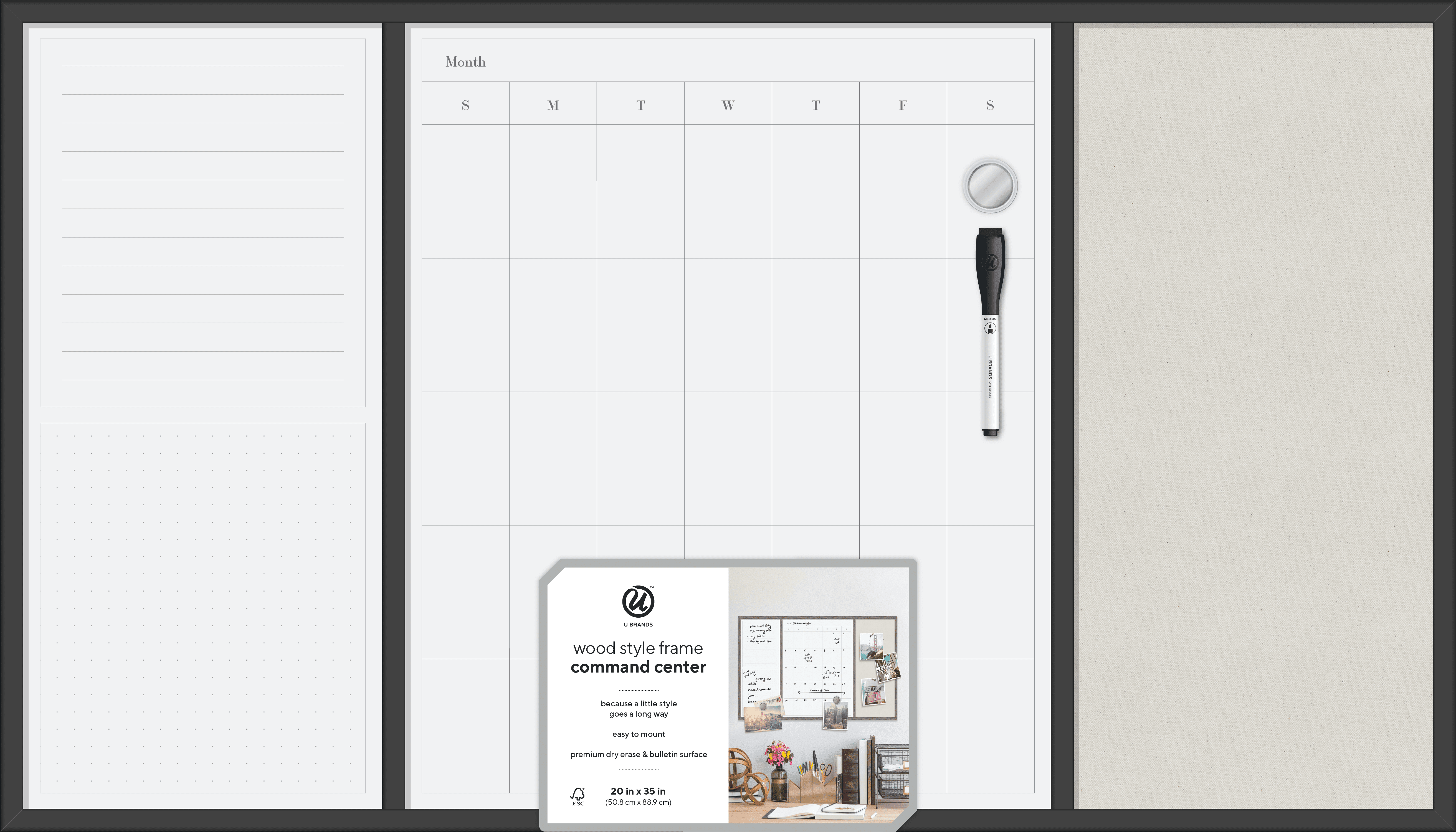 U Brands 3N1 Whiteboard and Bulletin Board, 20"x 35", Black MDF Frame