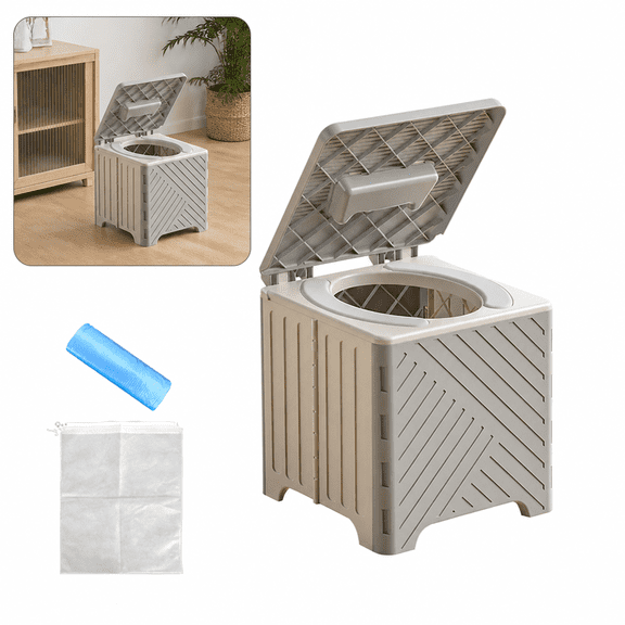 Foldable Portable Travel Commode, Gray Lightweight Camping Potty with Padded Seat, Disposable Liners & Storage Bag