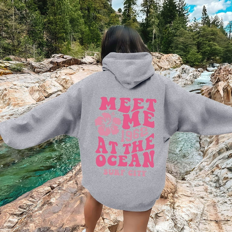 Krdevn Pink Palm Puff Hoodie Women s Letter Print Hoodies Long Sleeved Hoodie With Pockets Grey M