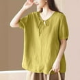 thumbnail image 4 of Busydd Plus Size Womens Tops M-4XL Casual Solid Color Short Sleeve Going Out Tops for Women Trendy Round Neck Spring Summer Tops Comfy Peasant Cotton Linen Shirts, 4 of 4
