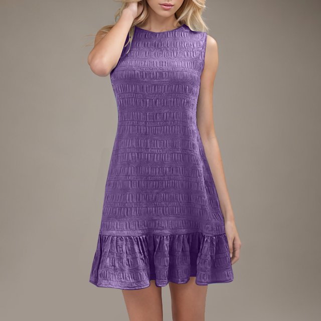 Staron Robe d'Été pour Femmes Sans Manches à Volants Ample Fluide Robe Décontractée de Printemps Fête Plage Unie Col Rond Robes Soleil Violet G