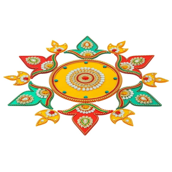 Designer Floor Rangoli Reusable Round Rangoli Acrylic Rangoli Home Floor Decor Gift for Home Interior Floor Indian Traditional Festival Diwali Decorations and Gifting(Size:-14")(Red,Yellow,Green)