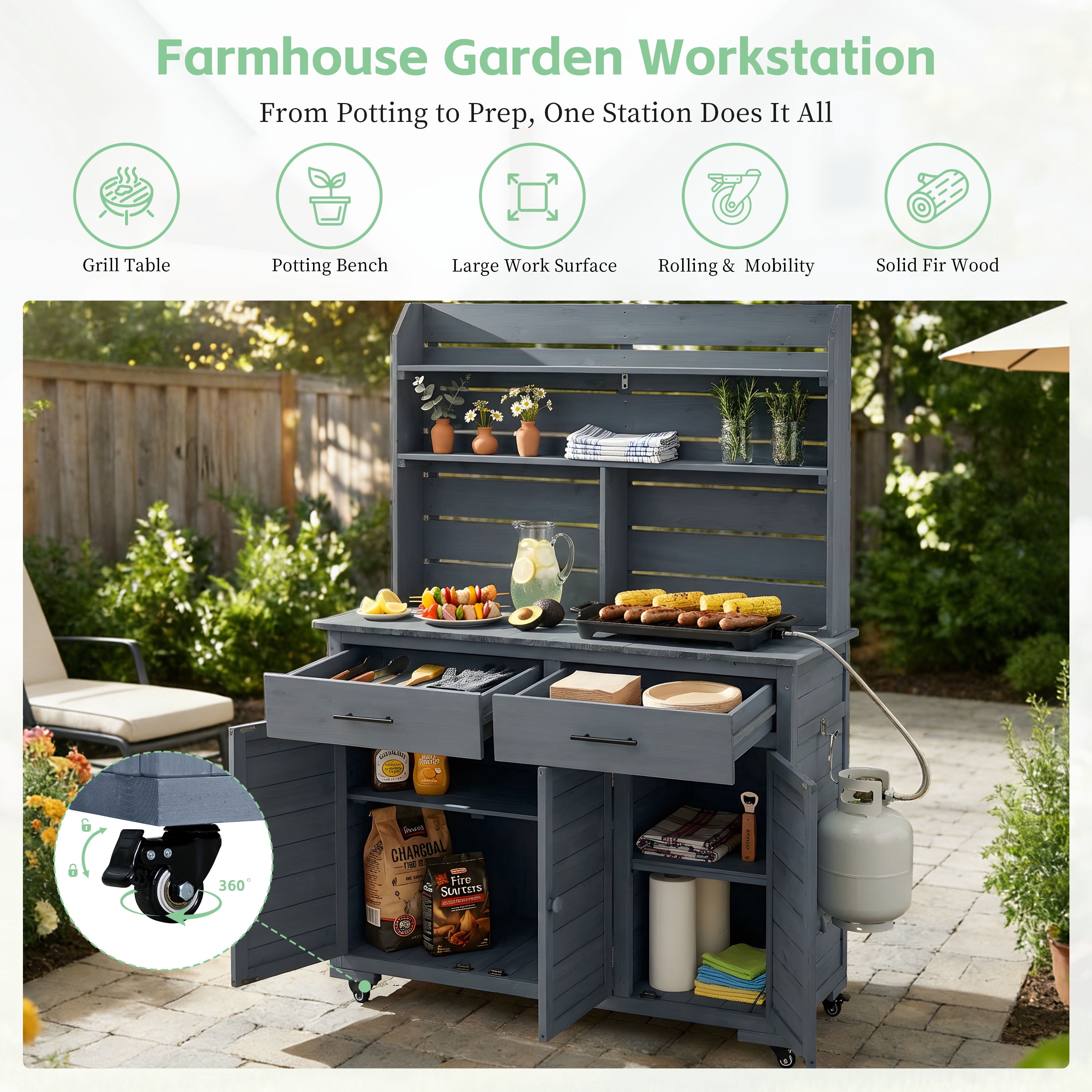 Mintazer 65"H Rolling Outdoor Potting Bench with 2 Drawers & Storage Cabinet, Farmhouse Kitchen Island Prep Cart with Hutch Top & Shelves, Gray