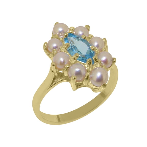LBG British Made Classic Solid 14k Yellow Gold Natural Blue Topaz & Cultured Pearl Womens Anniversary Ring - 33 size options - Size 5.25