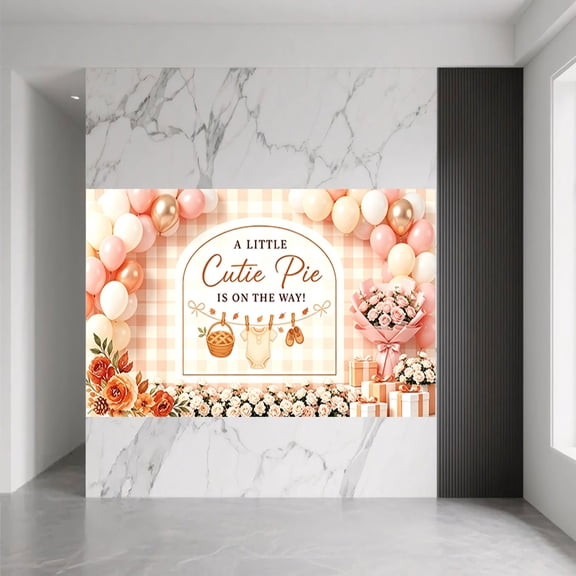 A Little Cutie Pie Is On The Way Baby Shower Backdrop Pink Gingham Rose Flower Gift Box Banner Fall Baby Shower Party Decoration Background