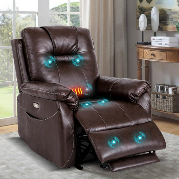 Power Recliner Chair,Wall Hugger Recliner with Heat and Massage,PU Leather Recliner Chair with 2 Side Pockets, USB & Type-C Port, Electric Recliner Chair for Living Room