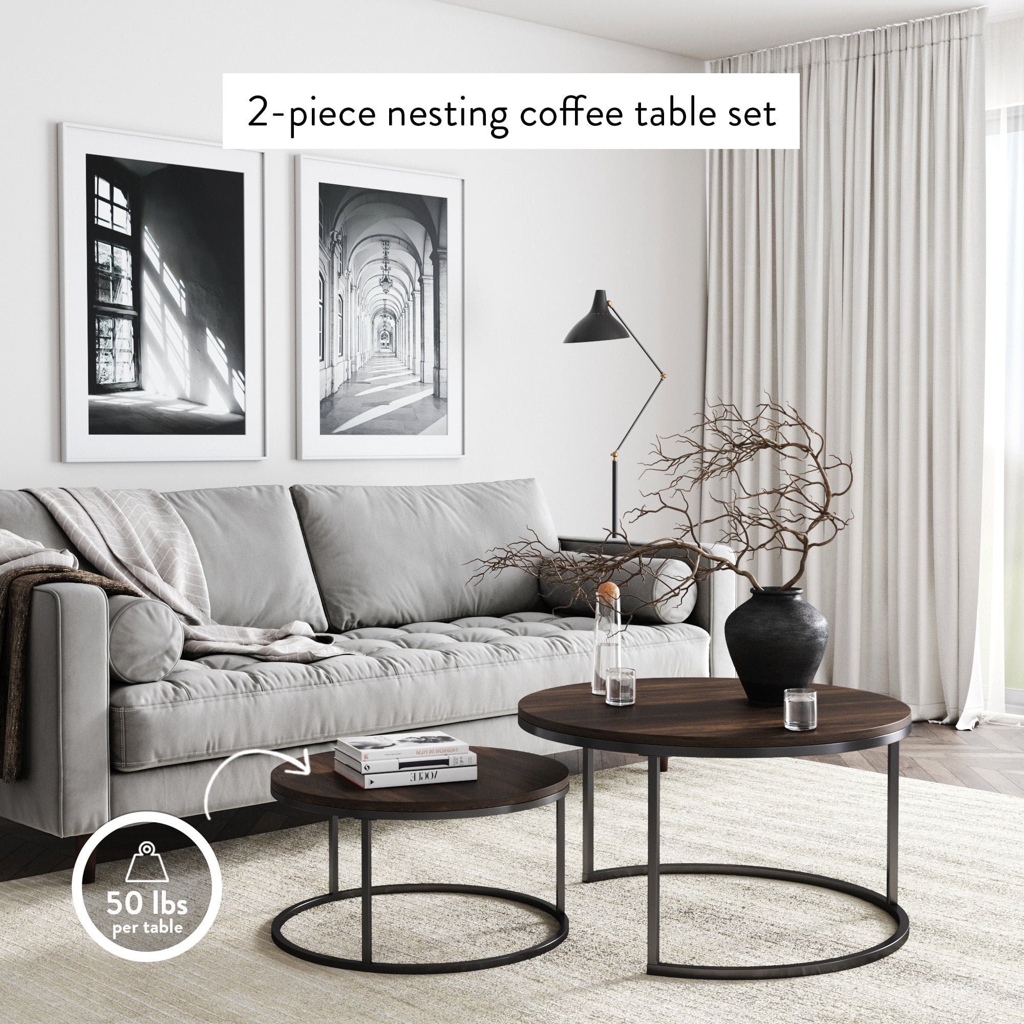 Nathan James Stella Round Nesting or Stacking Coffee Table Set of 2 Wood Finish Metal Frame, Warm Nutmeg/Black
