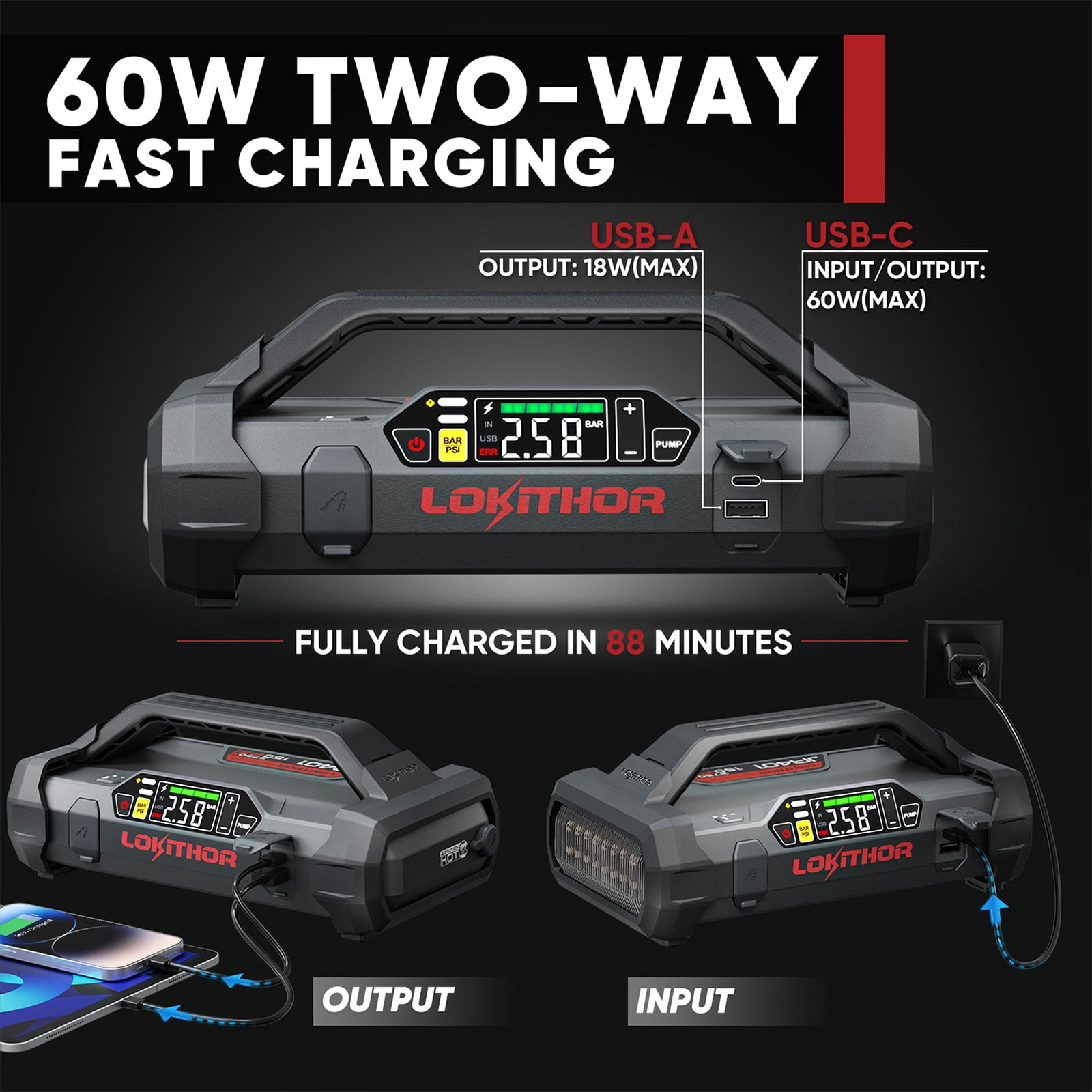 LOKITHOR JA401 Jump Starter with Air Compressor, 3750Amp 12V Portable Car Battery Starter（10.0L Gas and 8.0L Diesel）Engines, 150PSI Digital Tire Inflator
