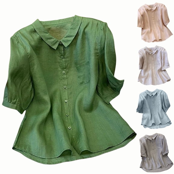 Women's Linen Cotton Shirt, Short Sleeve Button Down Collared Blouse, Loose Fit Oversized Top, Casual Summer Shirt, Boho Chic Tunic, Retro Vintage Inspired Blouse-Blue