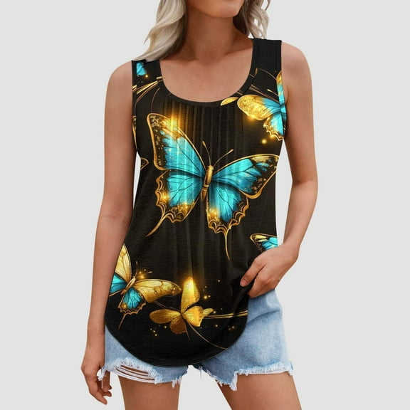 Womens Tank Tops Oversize Fashion Colorful Print Shirts Summer Loose T-shirt Sleeveless Vest Round Neck Loose Casual Blouses Top