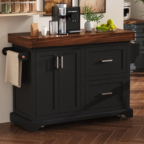 53 Inch Large Kitchen Island with 3.5 Inch Thick Desktop, Rolling Kitchen Cart with Storage, 2 Drawers, Adjustable Shelf, Spice and Towel Racks for Kitchen, Dining Room, Black
