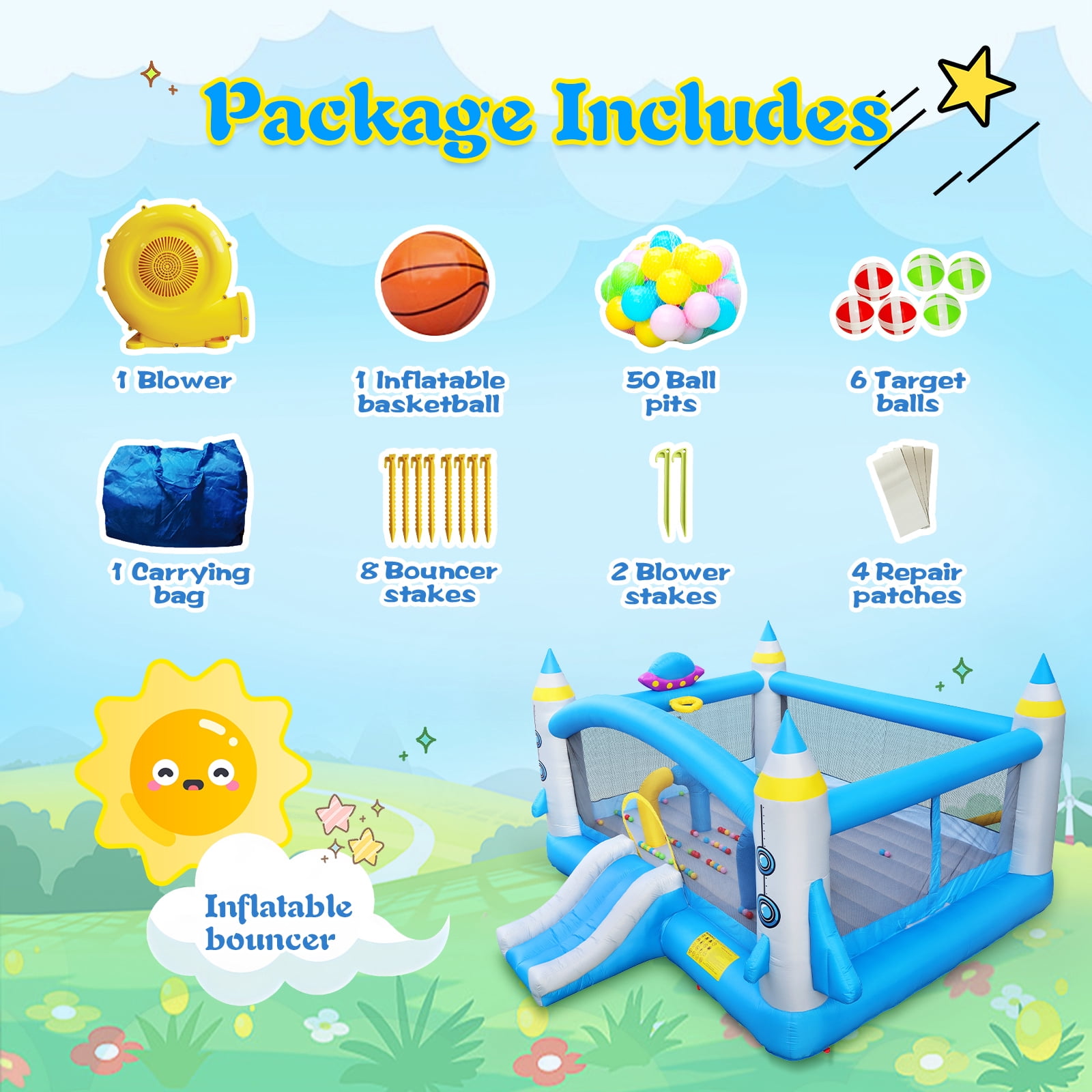 Multifunctional Jump 'n Slide Inflatable Bouncer for Kids, Complete Set with ETL Blower, 198" x 180" x 96" Indoor Outdoor Bounce House for Backyard Family Play