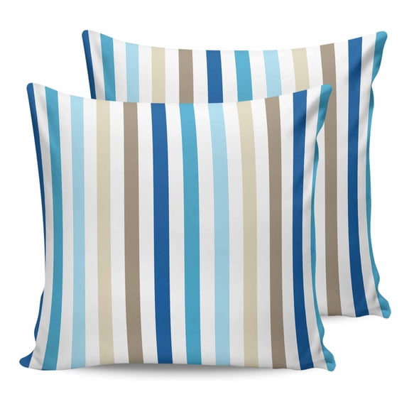 Outdoor Waterproof Throw Pillow Covers Set of 2 Blue Brown Khaki Stripes Decorative Pillowcases Square Outdoor Pillows Cushion Case 18x18 Inch Lines Striped Patio Pillows for Couch Sofa Bed Garden