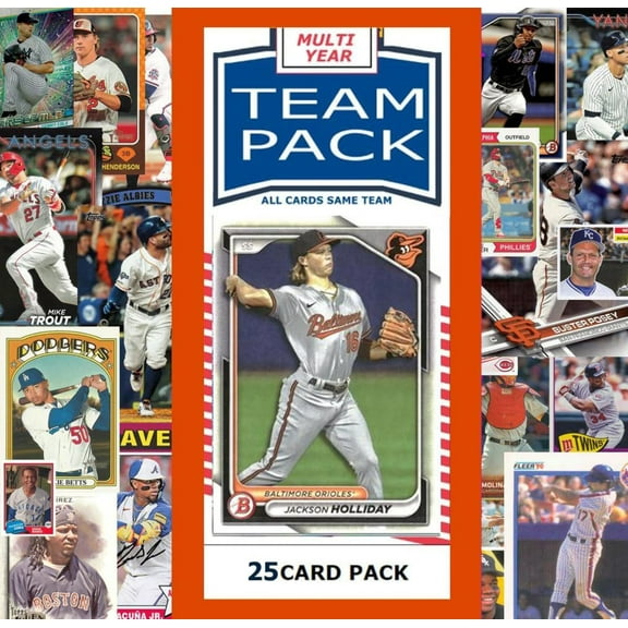 25 Card Multiyear Team Pack Orioles Jackson Holliday Cal Ripken 2024 2023 2025 Topps Stadium Club Archives Chrome Heritage Bowman