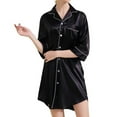 thumbnail image 3 of Women's Satin Sleep Shirt Button Down Sleepwear Lightweight Short Sleeping Dress Collared 3/4 Sleeve Nightshirt Silk Summer Loungewear Lounge Black Medium, 3 of 5