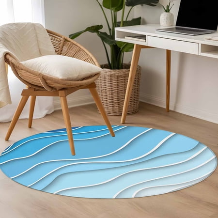 3.3ft Washable Round Rug Blue Ombre Non-Slip Circle Area Rug for Entryway Bedroom Abstract Sea Water Indoor Accent Floor Mat for Home Decor