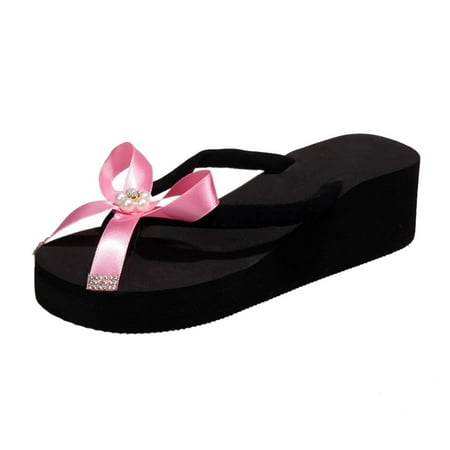 

Womens Flip Flops Mid Heel Slippers Comfortable Wedge Slippers Summer Sandals Fashion Women s Shoes Casual Round Toe Wedge Heel Bow Slippers Pearl Flip Flops Pink 9